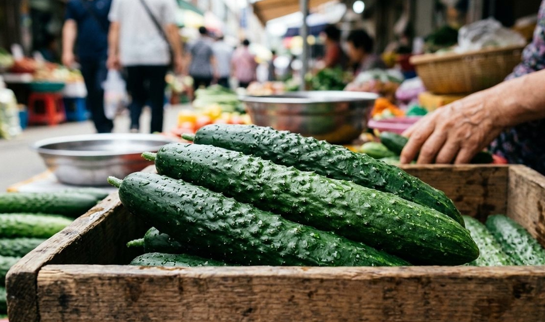 표면이 단단하고 신선한 오이를 가까이에서 보여주는 장면 