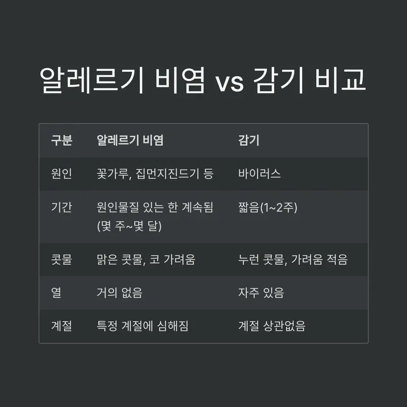 알레르기 비염과 감기의 차이점 비교 표