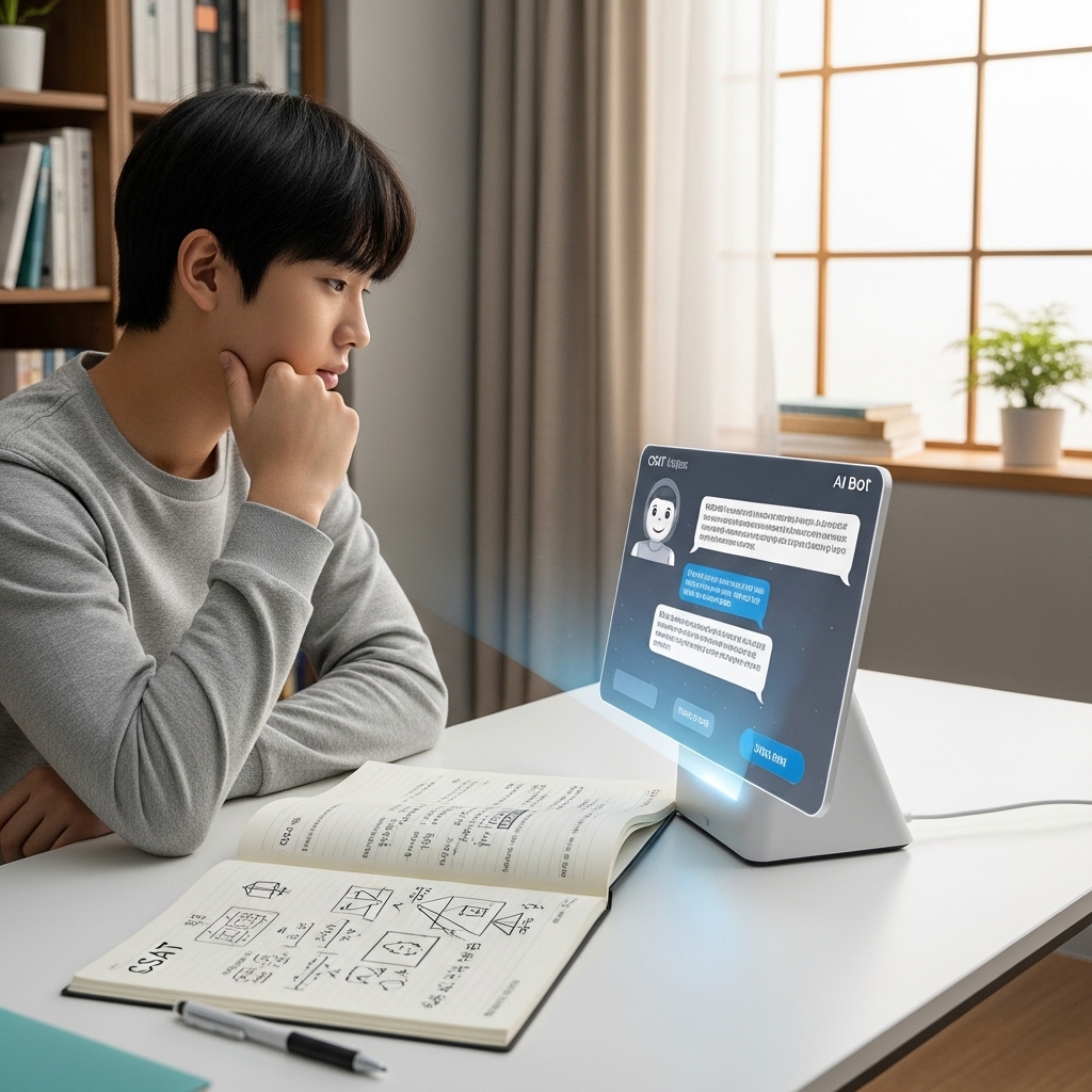 학생이 AI 챗봇과 대화하며 수능 개념을 학습하고, 심화 질문을 통해 이해도를 높이는 모습.