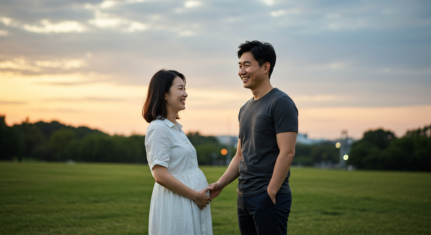 노을이 비추는 잔디밭. 30대 부부가 마주보고 웃고있다. 아내의 배는 임신 중기로 보인다.