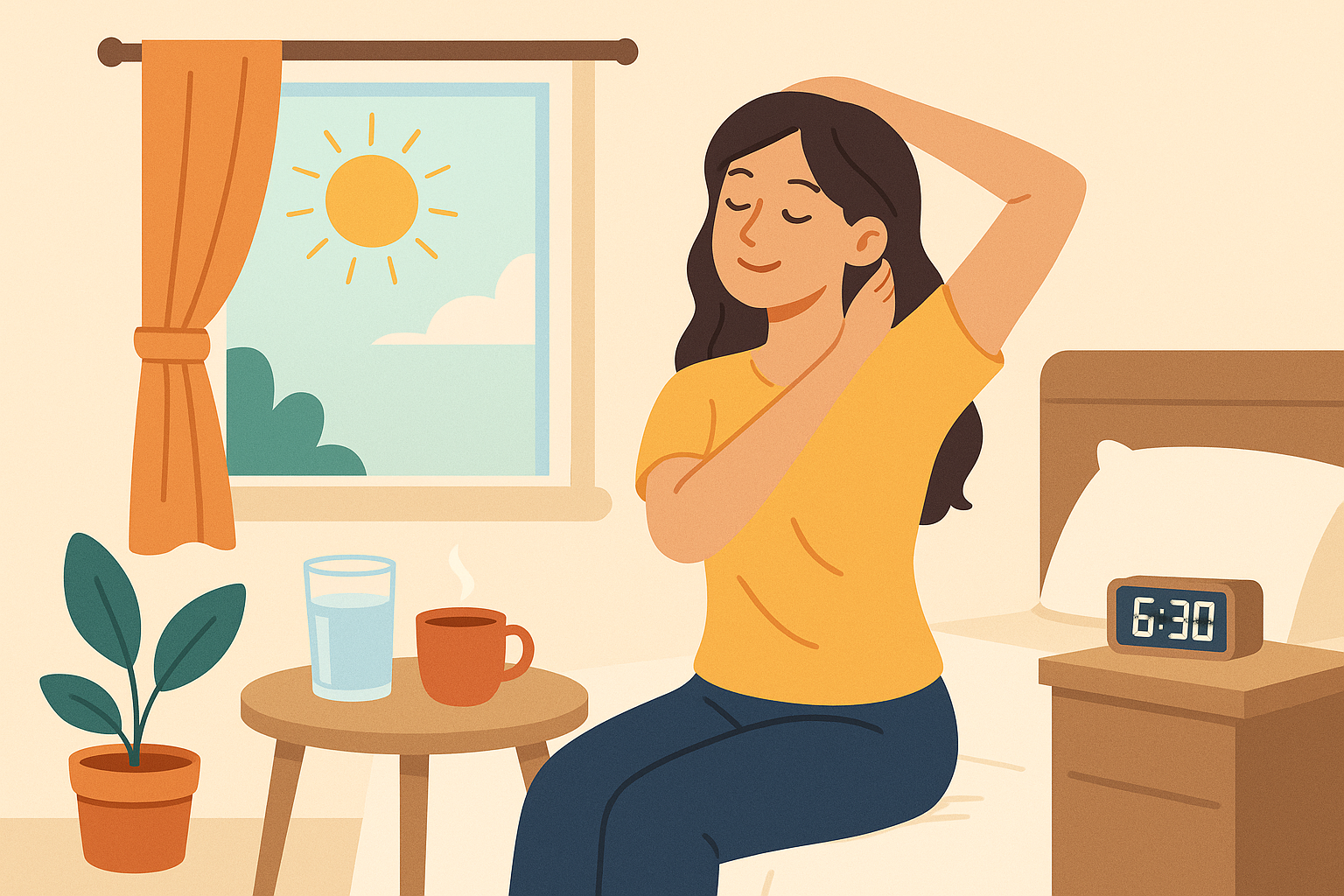 아침 햇빛을 받으며 산책하고, 실내에서 가벼운 운동과 수면 루틴을 실천하는 여성의 건강한 일상 모습