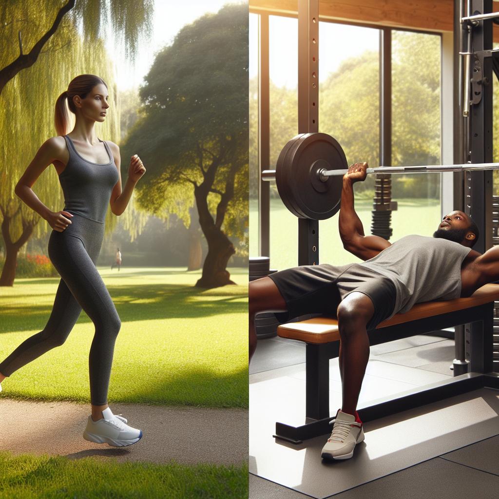 다이어트를 위하여 유산소 운동인 조깅을 하는 여성과 집에서 근력운동을 위하여 덤벨을 하고 있는 남성의 모습