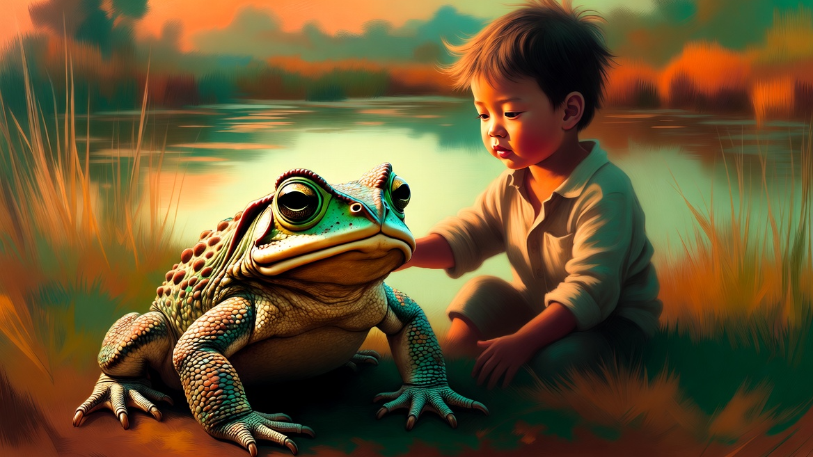 다음 세대와 두꺼비가 공존하는 평화로운 미래를 형상화한 일러스트