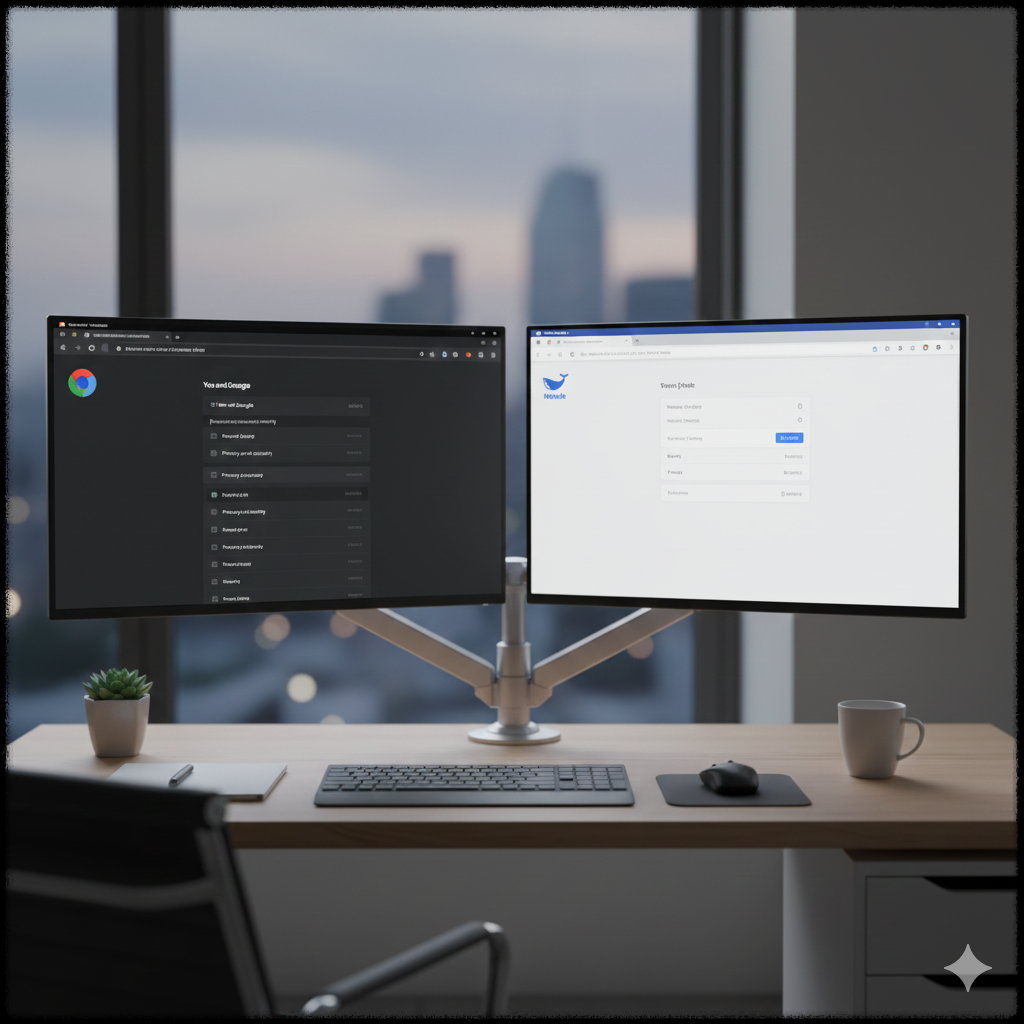 크롬과 웨일 브라우저 설정을 같은 화면에서 비교하는 이미지