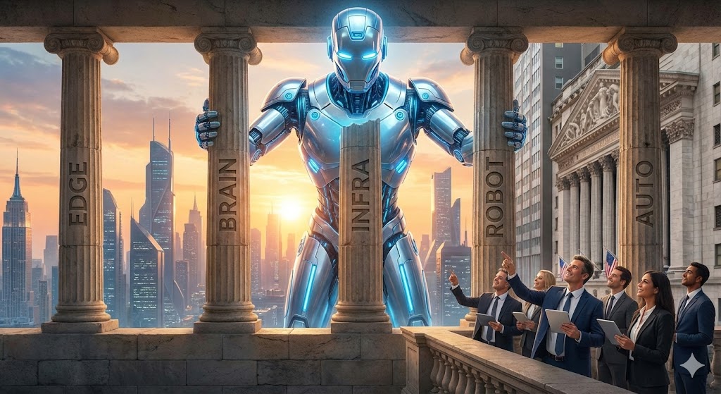 거대한 AI 로봇(경제)을 떠받치고 있는 5개의 튼튼한 기둥(5가지 핵심 종목)과 이를 지켜보는 월가 투자자들의 모습