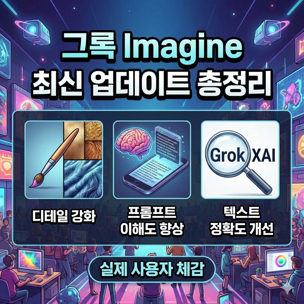 그록 imagine 최신 업데이트 총정리. xAI 기반 AI 이미지 생성 툴의 디테일 강화, 프롬프트 이해도 향상, 텍스트 정확도 개선까지 실제 사용자가 체감한 변화와 활용 전략을 지금 확인해보세요.