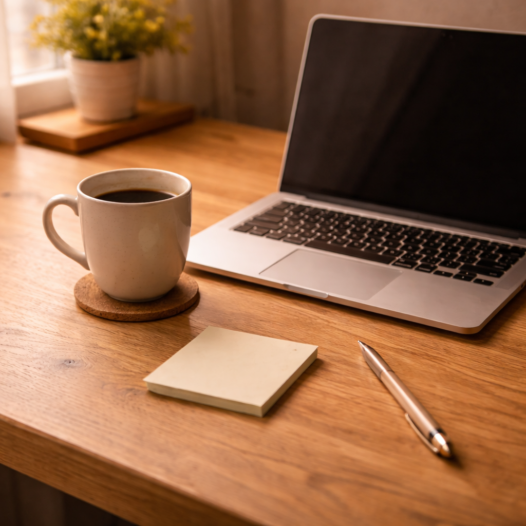 노트북과 메모지, 커피 컵이 놓인 차분한 일상 속 작업 공간