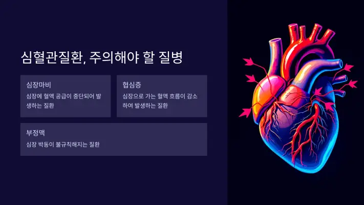심혈관질환은 협심증, 심근경색, 심부전 등 다양한 형태로 나타나며, 만성 질환으로 발전하기 쉽습니다