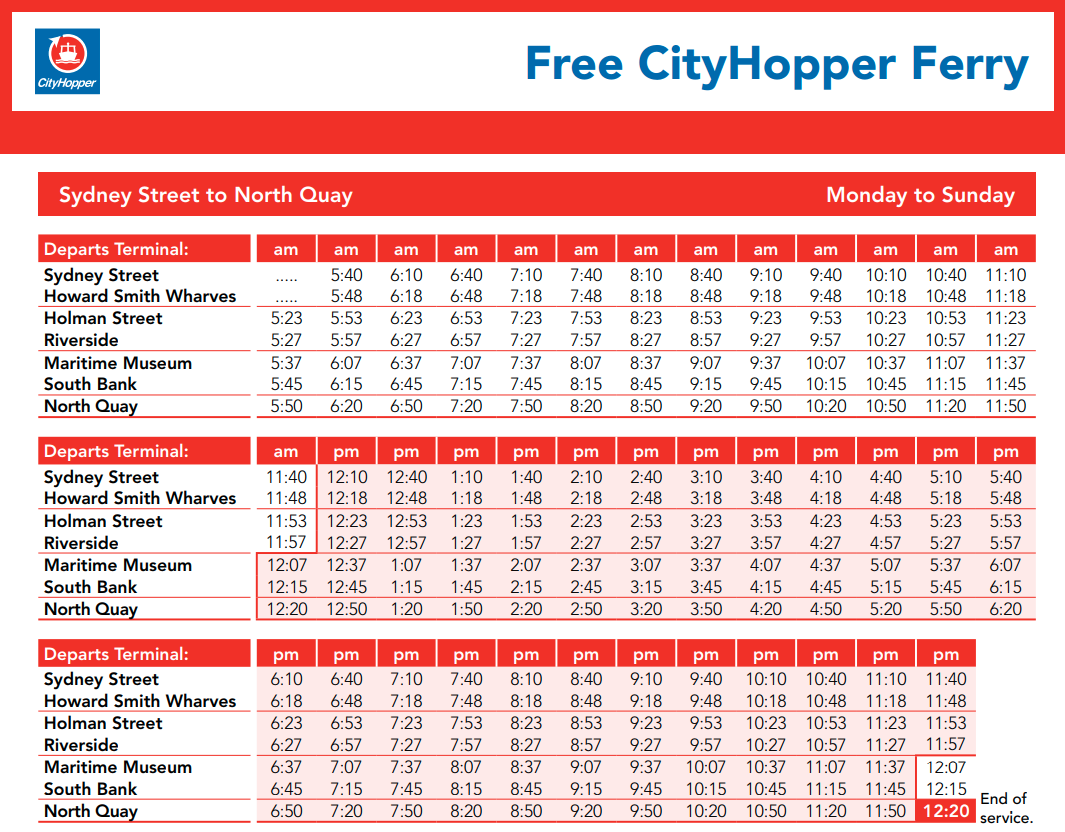 브리즈번무료페리시간표 (시드니스트리트 -> 노스키 방향)