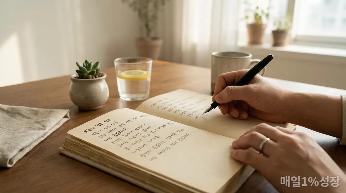 자존감 회복을 위해 작은 성공과 긍정적인 말을 기록하는 한국인의 손