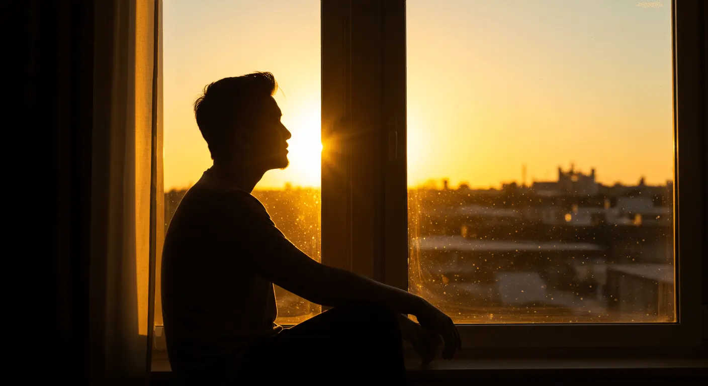 창가에 기댄 채 밖을 바라보며 편안하게 멍때리고 있는 사람의 실루엣, 따뜻한 햇살이 들어오고 있다