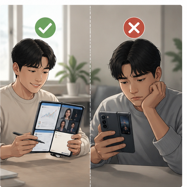 일반 스마트폰과 갤럭시 z fold의 사용 피로 차이를 비교하는 장면