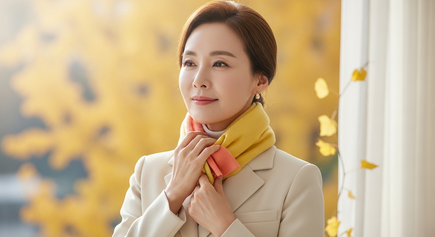 잘 어울리는 머플러를 목에 두르고 행복해 하고 있는 여성