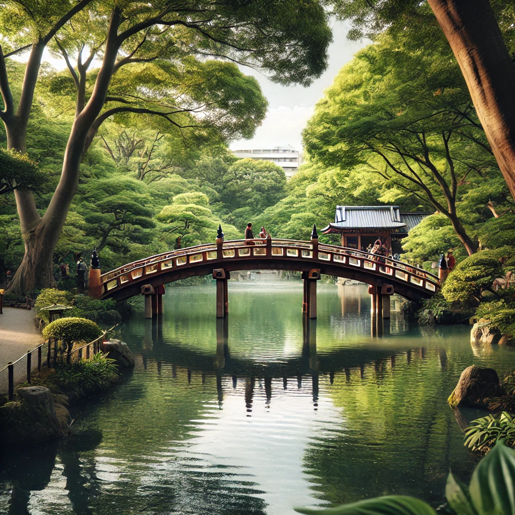 신사의 나무 다리와 고요한 연못.