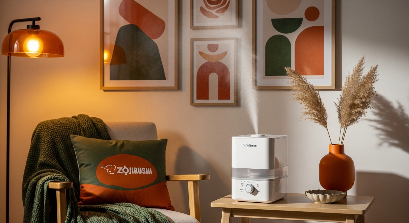 2025년 조지루시 신형 가열식 가습기 EE-DVH35K-WM이 아늑한 거실에 놓여 부드러운 가습을 하는 모습. 따뜻한 겨울 인테리어에 완벽하게 어울리는 현대적인 디자인.