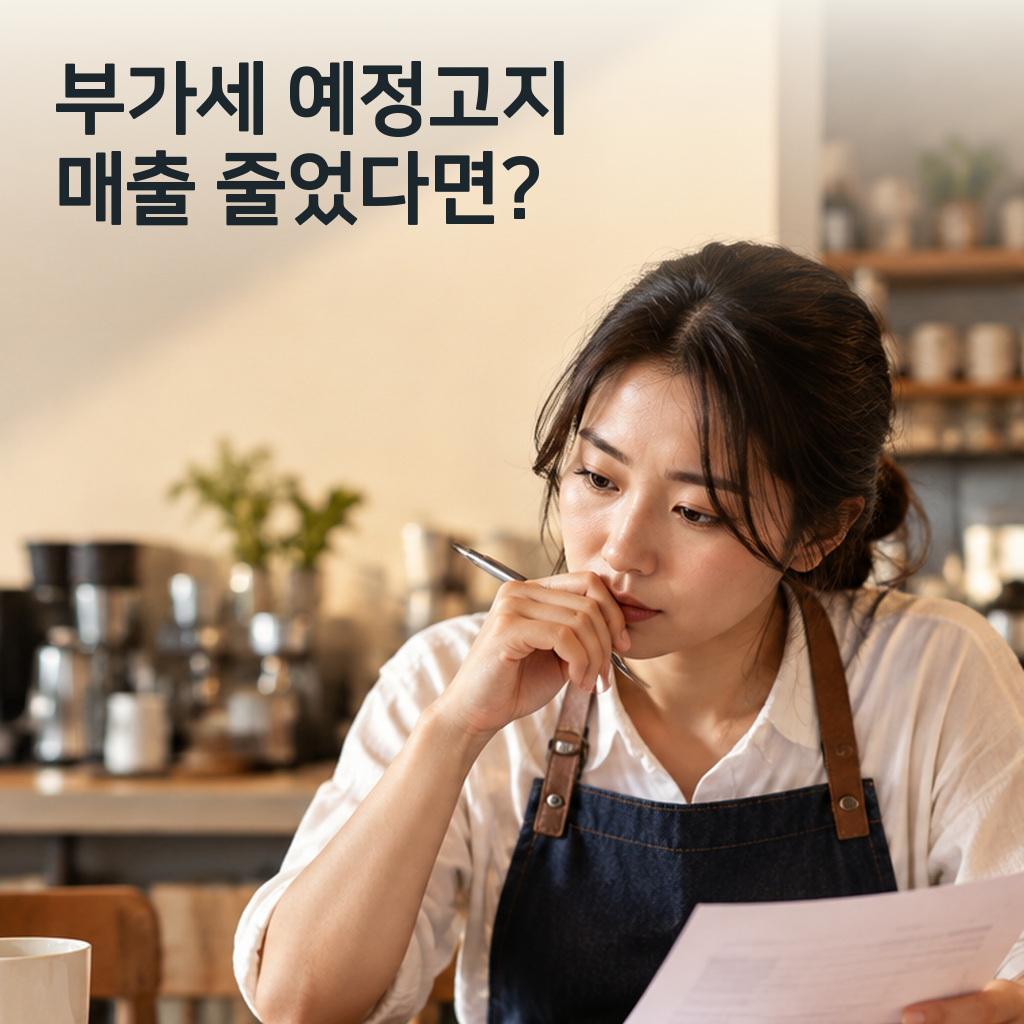 카페 운영자가 영수증과 부가세 자료를 확인하며 고민하는 모습