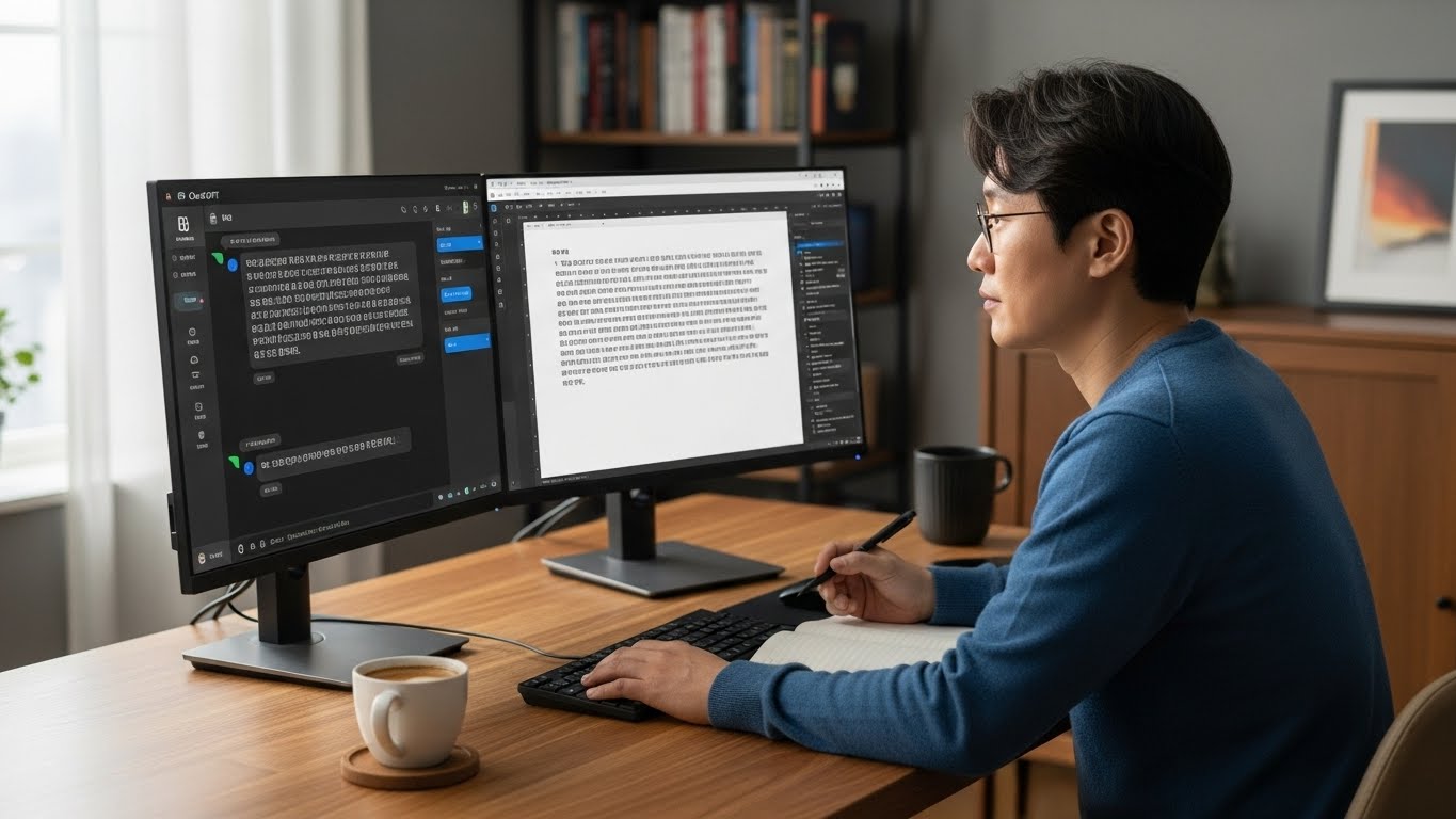 생성형 AI 툴과 협업하여 전자책 원고를 빠르고 효율적으로 작성하고 있는 한국 작가의 데스크