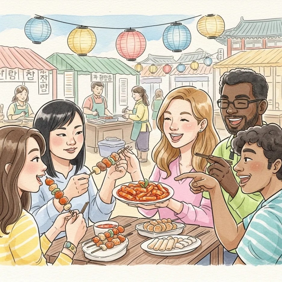 한국 길거리 음식을 즐기는 파코와 친구들 모습.