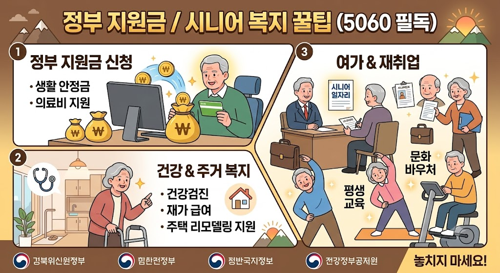 ① 시니어 정부 지원금 가입 자격 및 대상 요약 이미지 (나이, 소득 분위 등)
설명: 만 60세 또는 65세 이상 고령층 대상 소득 기준 및 시니어 정부 지원금 가입 자격 안내 이미지
② 지원금 지급 금액 및 주요 복지 혜택 구조 이미지
설명: 매월 지급되는 정부 지원금 액수 및 의료, 교통, 문화 등 시니어 주요 복지 혜택 요약 이미지
③ 주민센터 방문 또는 온라인 신청 방법 이미지
설명: 지방자치단체 주민센터 방문 접수 및 보조금24를 통한 시니어 정부 지원금 신청 프로세스 안내 이미지