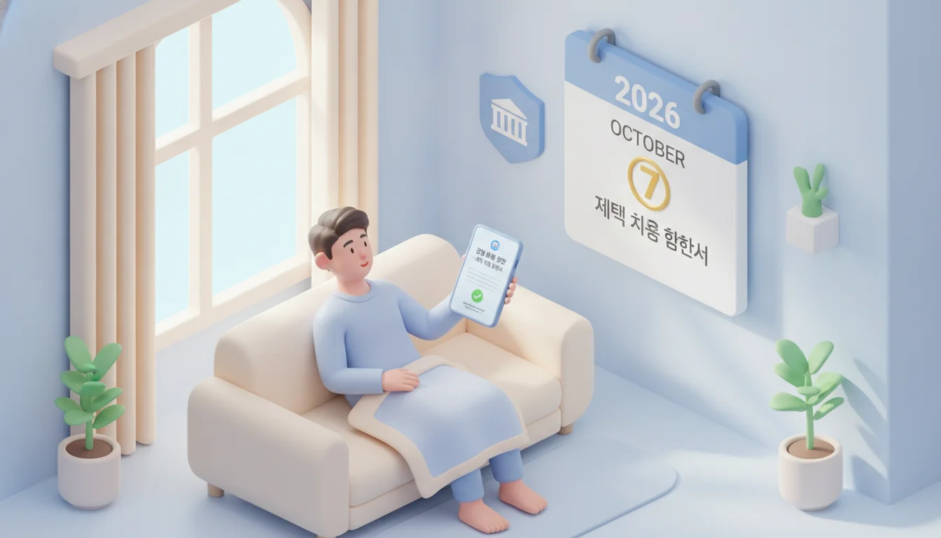 2026년 10월 7일부터 시행되는 상병수당 전국 확대 소식을 알리는 따뜻한 분위기의 3D 일러스트. 환자가 집에서 편안하게 휴식하며 스마트폰으로 수당을 신청하는 모습.