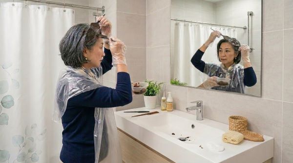 욕실에서 염색하는 여인