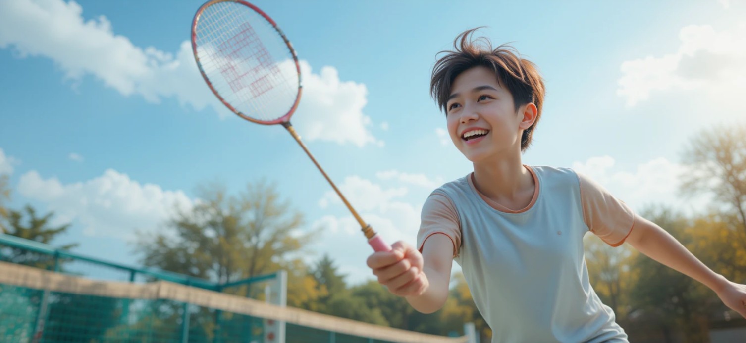 배드민턴 라켓을 들고 환하게 웃는 소년 사진