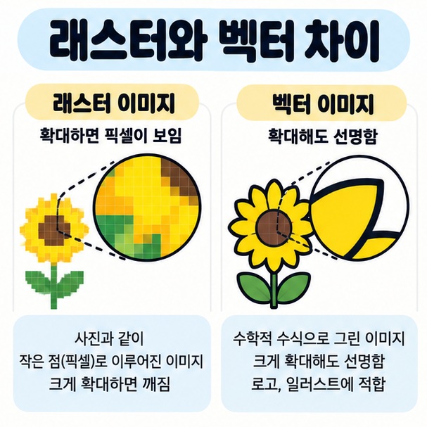 PSD의 픽셀 기반 래스터와 AI 및 SVG의 벡터 기반 그래픽 차이를 확대 비교한 카드