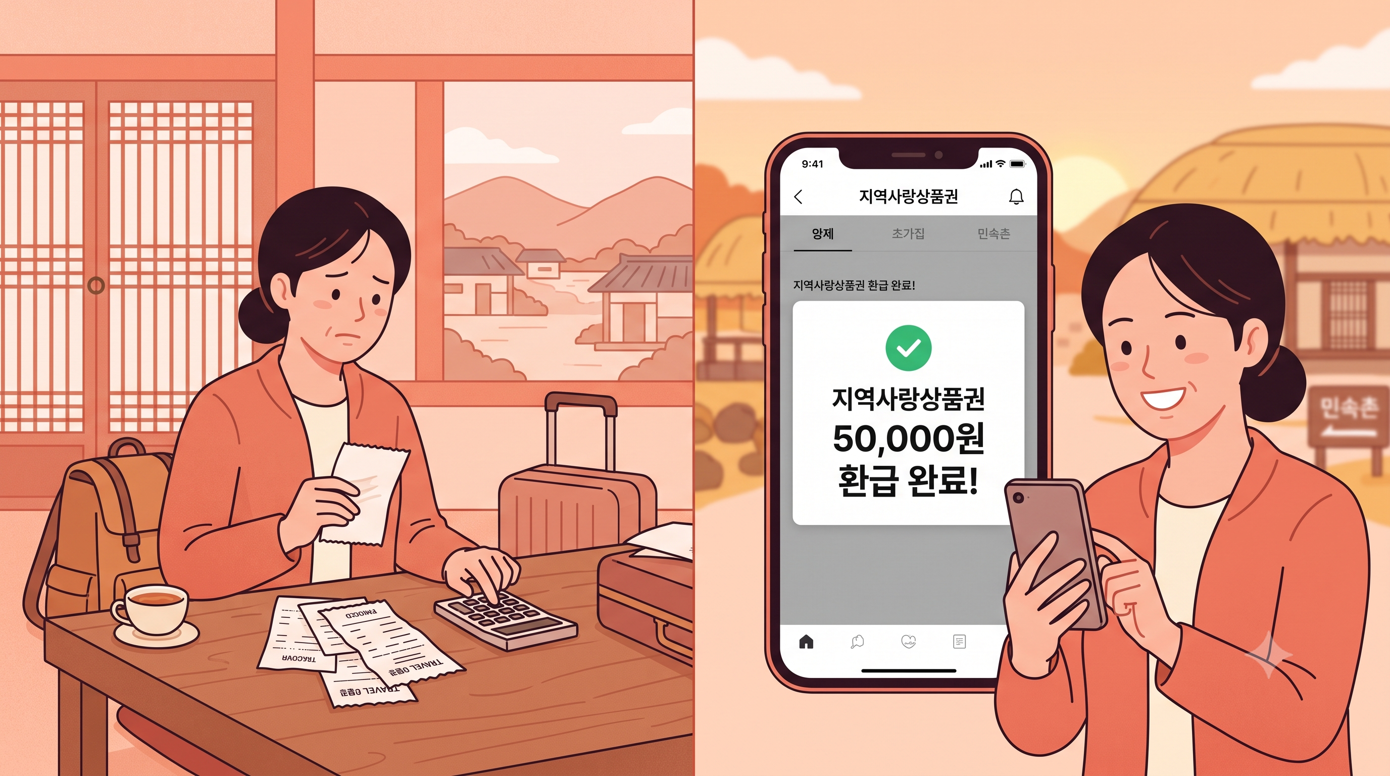 여행 영수증과 환급받은 모바일 상품권 화면을 보며 기뻐하는 사람 일러스트