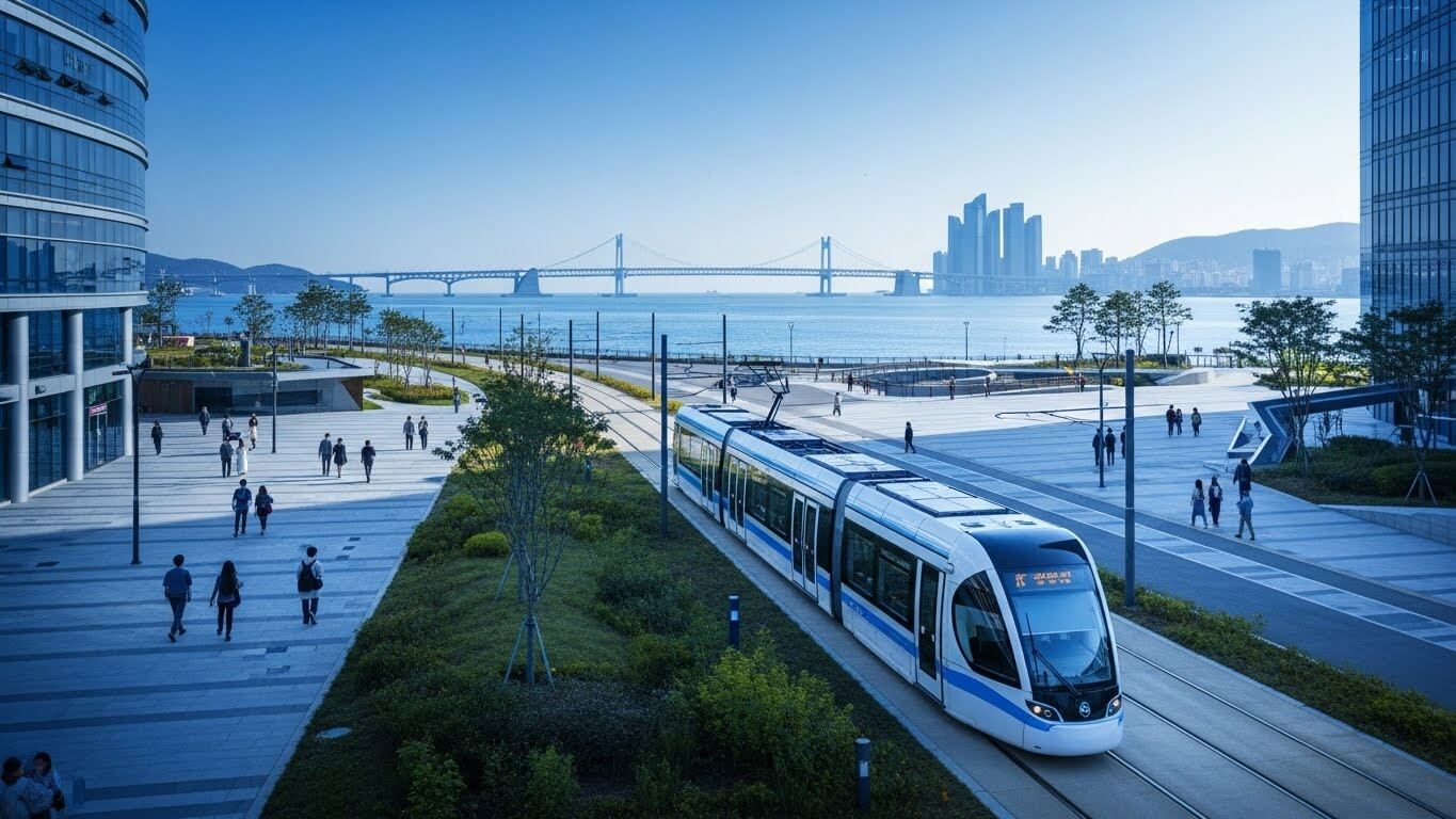 큰건물사이로트램이지나가고-뒤로는 멋진바다풍경이 있다