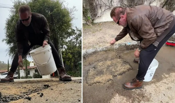 슈왈츠네거의 선행이 잘못이라고? Arnold Schwarzenegger posts video filling in 'giant pothole' in L.A. but...