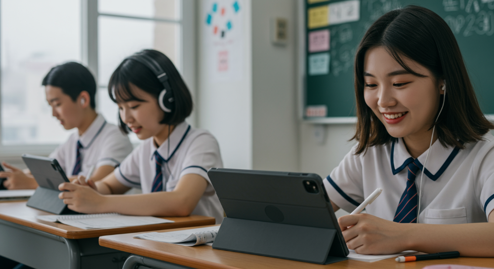 2025년 학생들의 학습 환경을 보여주는 이미지. 다양한 태블릿PC를 활용해 온라인 강의를 듣고, 디지털 필기를 하며, PDF 자료를 보는 초등학생, 중학생, 대학생의 모습.
