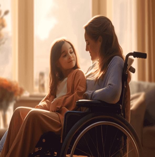 엄마가-휠체어위에서-아이를-앉고있는-이미지