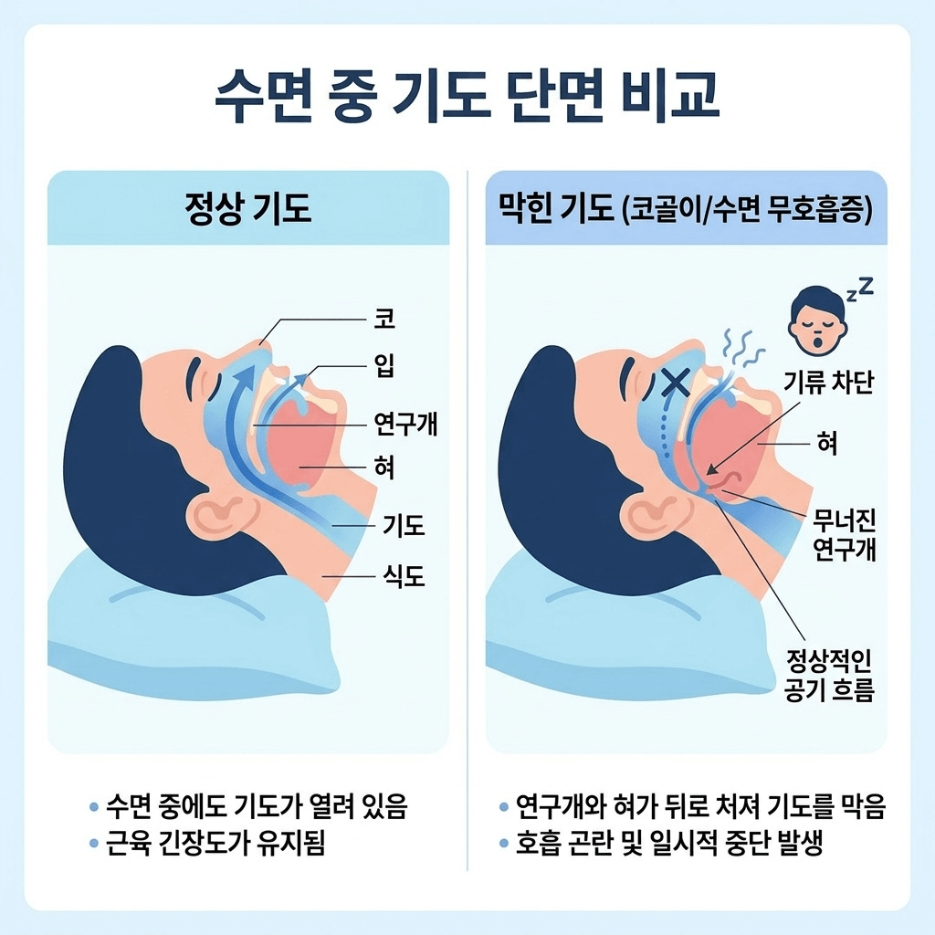 수면 중 기도가 좁아지는 폐쇄성 수면무호흡 원리