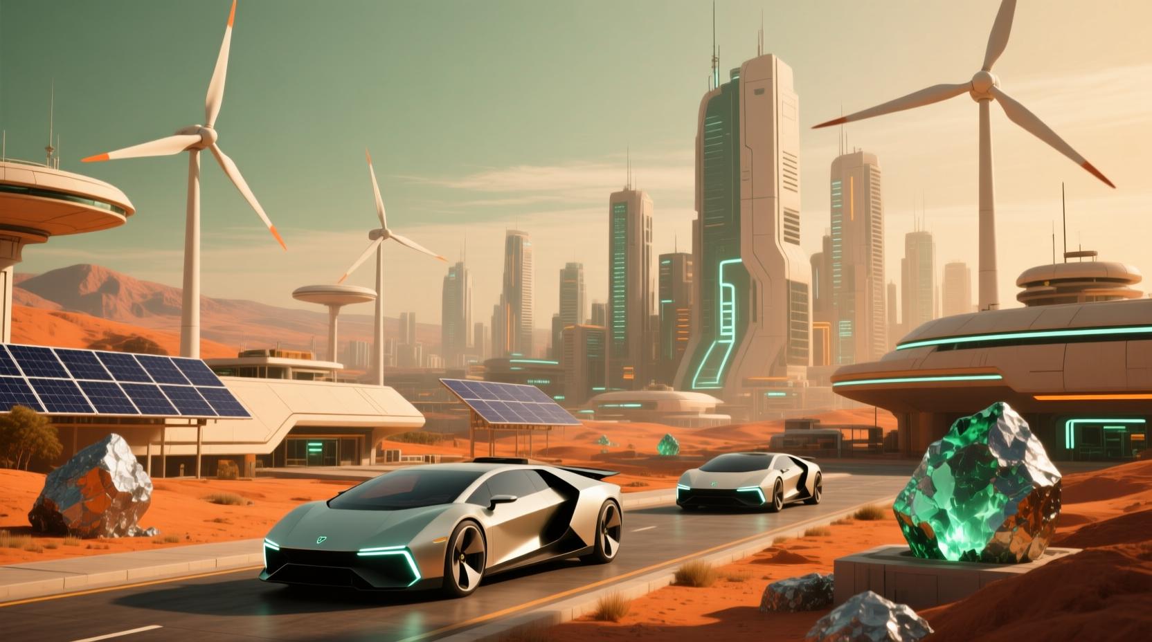 전기차와 풍력 터빈이 있는 미래 도시의 풍경