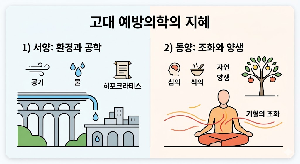이 이미지는 고대 예방의학의 지혜를 동양과 서양의 관점으로 비교하여 보여줍니다. 왼쪽에는 서양의 환경 공학적 접근을 의미하는 수도교와 공기, 물 아이콘이 배치되어 있으며, 오른쪽에는 동양의 조화와 양생을 상징하는 명상하는 인물과 나무, 마음과 음식 아이콘이 담겨 있습니다. 고대부터 이어진 예방 철학의 핵심을 플랫 디자인으로 심플하게 시각화한 구성입니다.