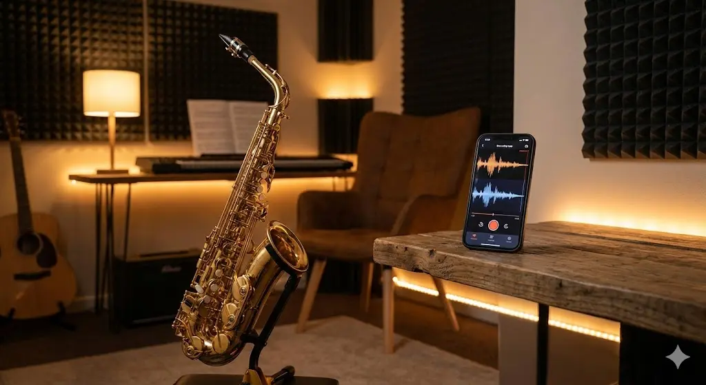 2026년 색소폰 홈 레코딩을 위해 돌비 온 앱이 실행된 스마트폰을 2m 거리에 배치한 최적의 녹음 환경 이미지