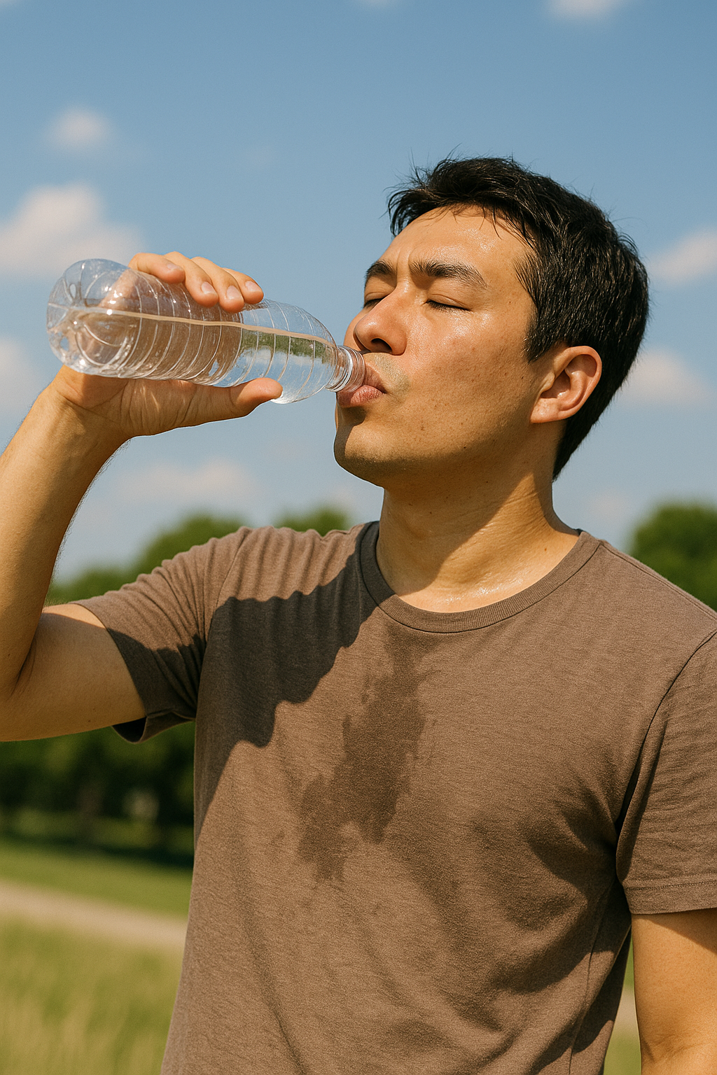 여름철 탈수를 방지하기 위해 물을 마시는 남성