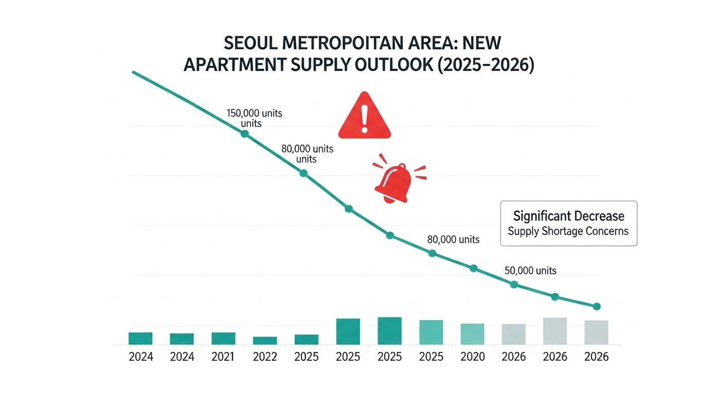 2025년과 2026년 수도권 신규 아파트 입주 물량 감소를 보여주는 그래프. 주택 공급량이 급격히 줄어드는 추세를 나타냅니다.