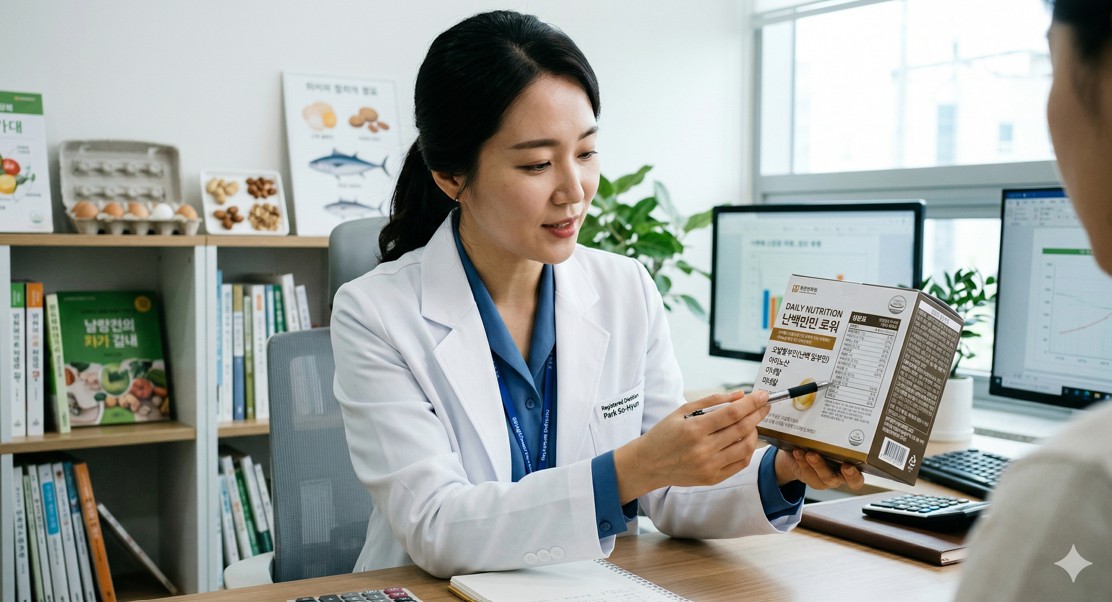 흰 가운을 입은 영양사가 제품 성분표를 꼼꼼하게 체크하며 설명하는 전문적인 모습