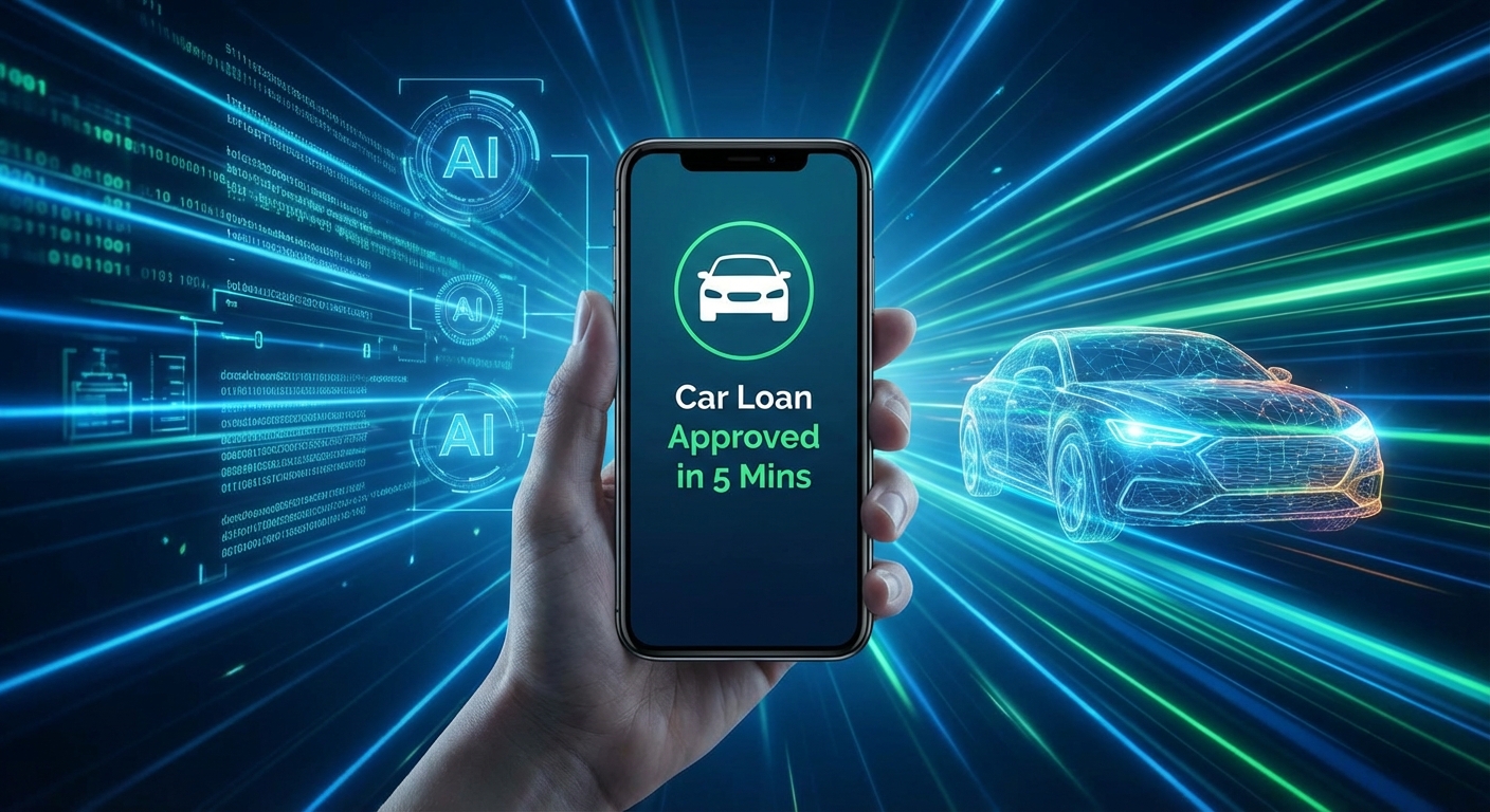 스마트폰 앱으로 자동차담보대출이 5분 만에 승인된 화면을 보여주는 손, 배경에는 AI 기술을 상징하는 디지털 네트워크와 미래형 자동차 그래픽이 결합된 모습
