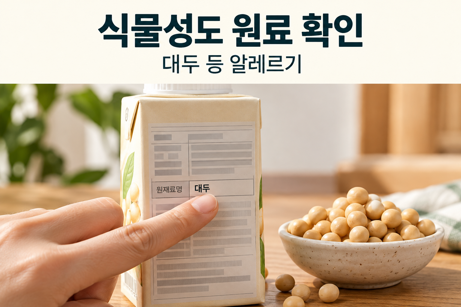무브랜드 두유팩의 대두 원료 표시를 손으로 짚고 옆에 대두콩을 둔 모습