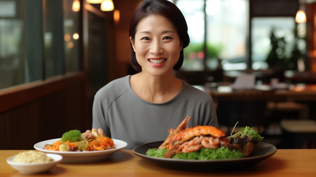 40대 여성이 단백질이 보충된 건강 식사를 하는 모습