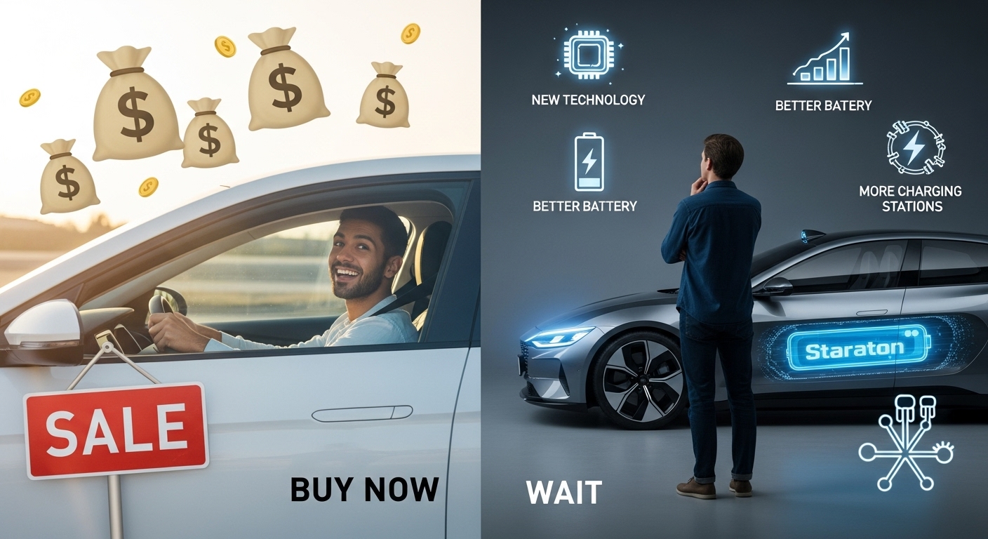 지금 전기차를 구매하여 혜택을 받는 사람과 미래의 신기술 전기차를 기다리는 사람을 대비하는 모습.