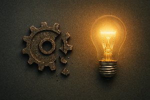 낡은 톱니바퀴가 깨지고 새로운 아이디어 전구가 빛나는 모습