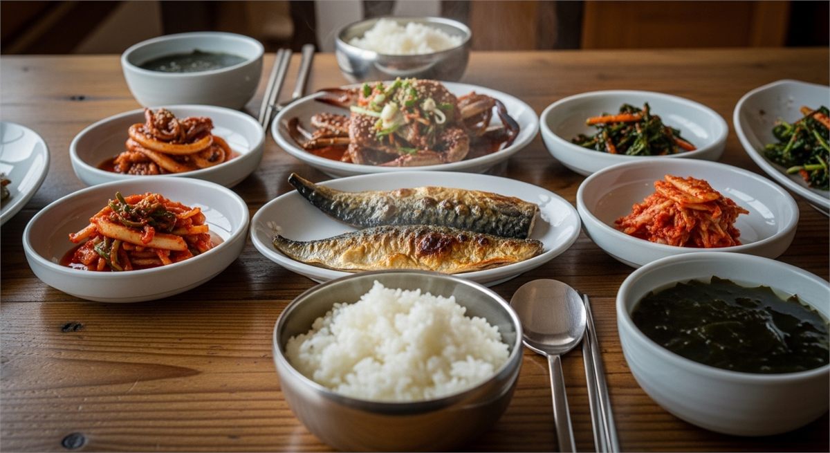이수도 민박 아침 식사의 반찬 구성을 가까이 담은 장면 