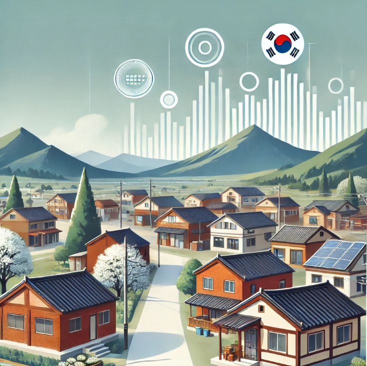 산을 배경으로 주택들이 보이는 마을의 모습