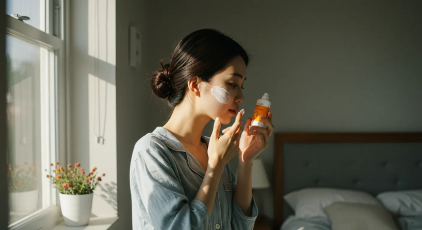 방안에서 선크림을 바르면서 제품을 보고있는 여성 이미지