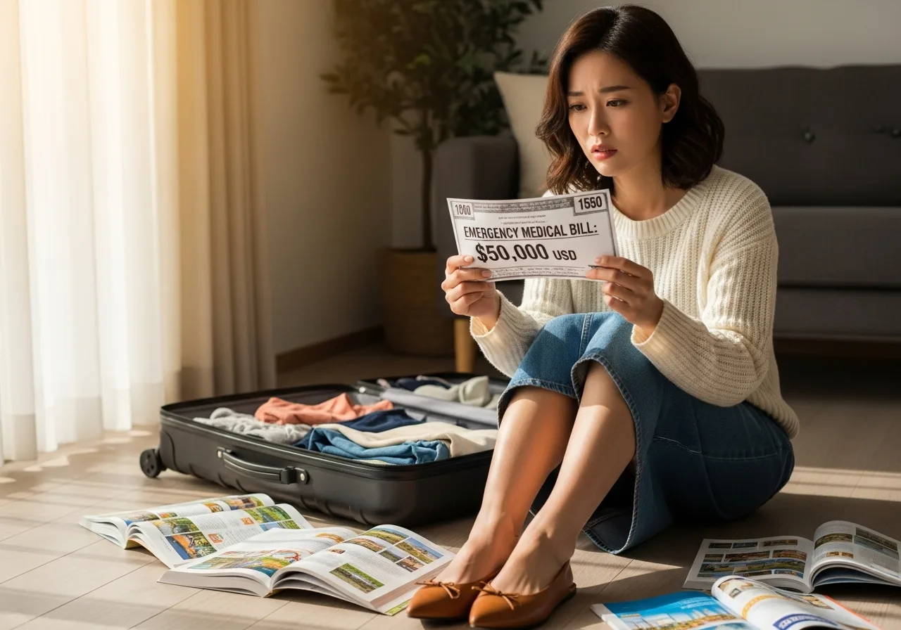젊은 한국인 여성이 여행 준비 중, 바닥에 놓인 거액의 병원비 청구서 모형을 보고 걱정스러운 표정을 짓고 있다