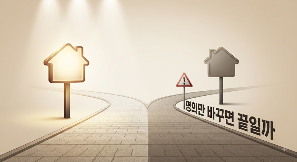 두 갈래 길 위에 집 표지판과 경고 표지판이 함께 놓인 "명의만 바꾸면 끝일까" 문구가 담긴 숫자로 보는 오늘 대표이미지