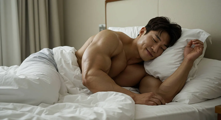 침대에서 깊은 잠을 자고있는 남성 이미지